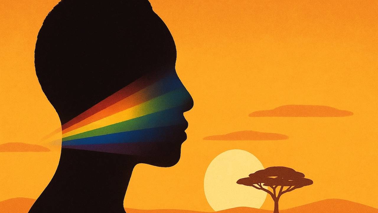 Silhouette d’une personne de profil, traversée par un faisceau de lumière arc-en-ciel, devant un coucher de soleil chaud sur la savane africaine.