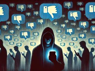 Dark illustration of shadowy figures with glowing phones and thumbs down icons, highlighting the emotional toll of online hate speech.