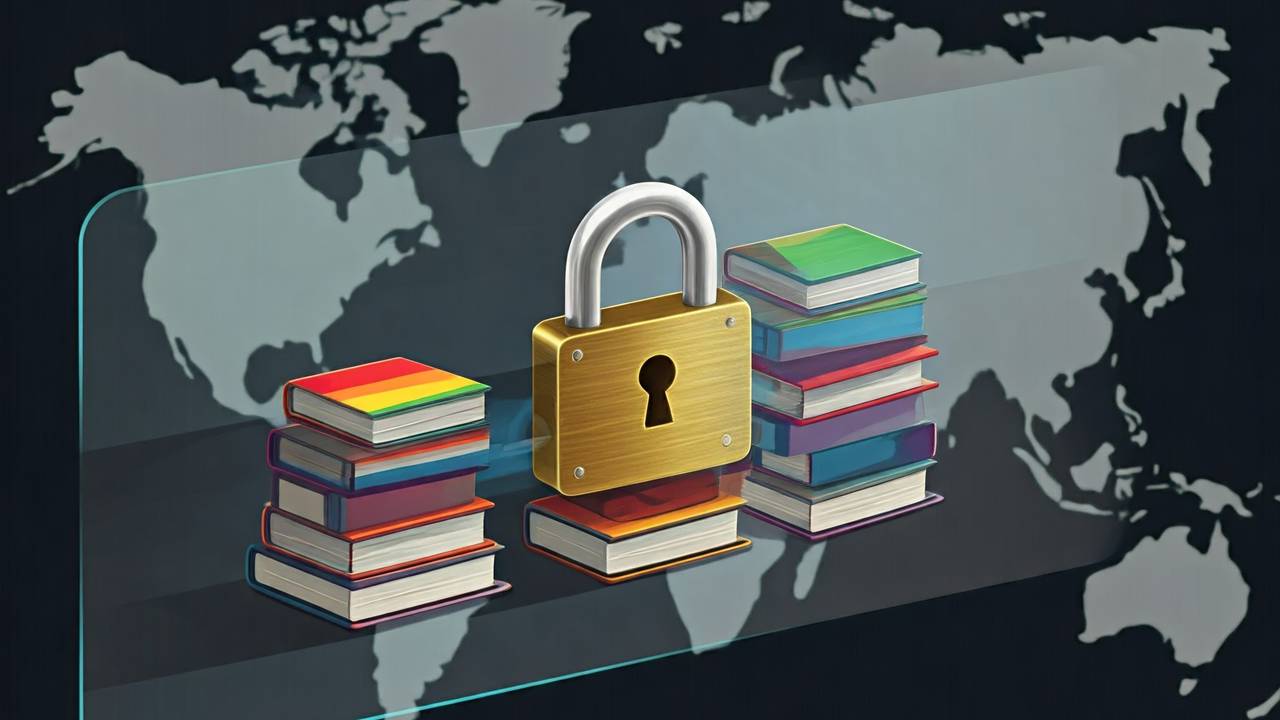 Illustration of rainbow-colored books locked behind a digital barrier with a padlock, symbolizing global censorship of LGBT+ content.