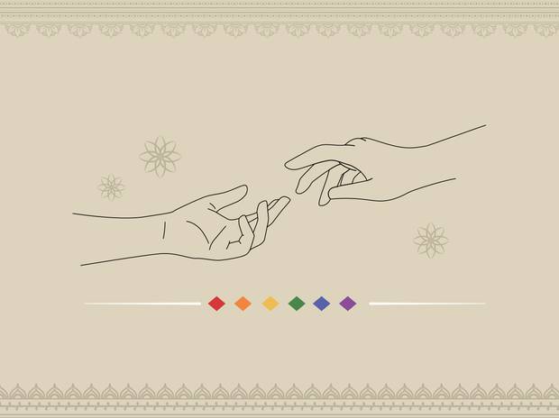 beige background with florals and sketch of two people holding hands