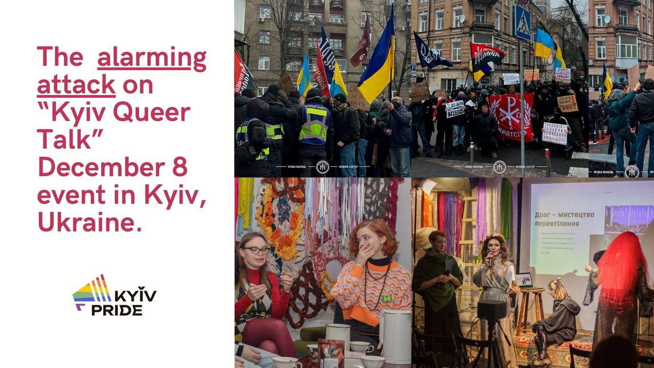 "Protesters with far-right symbols disrupt Kyiv Queer Talk event, as attendees gather indoors for discussions and performances"