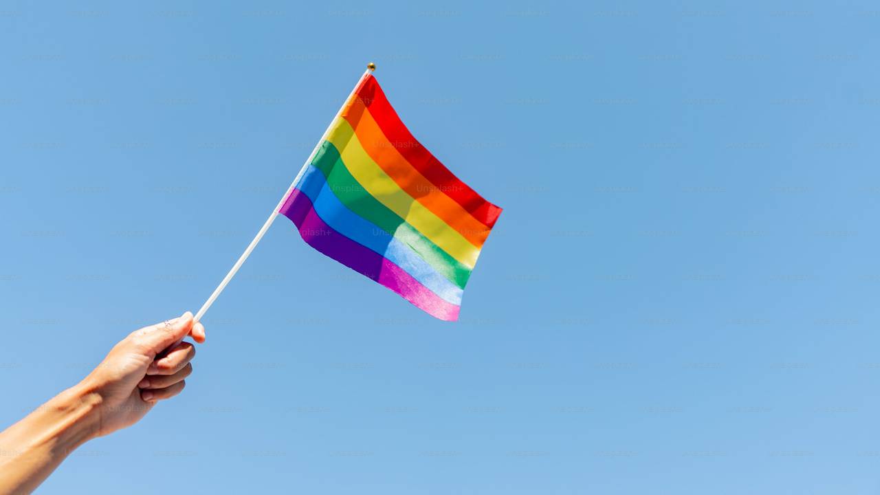 Hand in the sky waving a rainbow flag