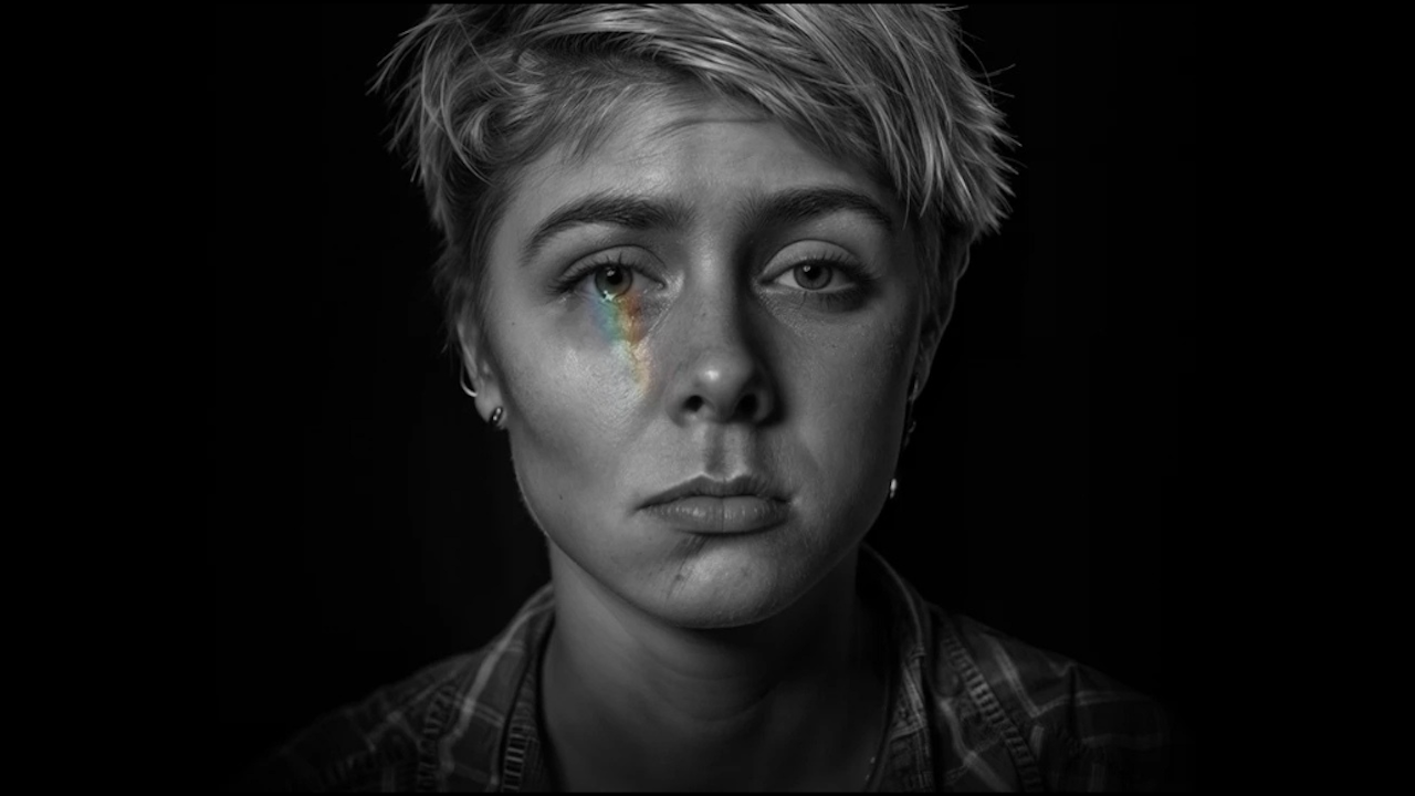 L’immagine mostra due mani intrecciate in segno di unità che tengono una bandiera arcobaleno, simbolo dell’orgoglio LGBT+. Sullo sfondo si vedono lupi scuri con occhi luminosi, creando un contrasto tra solidarietà e una percezione di pericolo