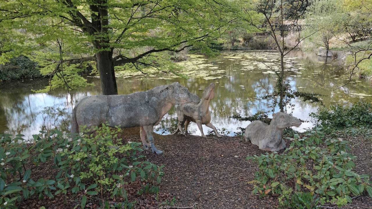 A lakeside scene in Crystal Palace Park with a tree in the foreground beside statues of prehistoric animals.