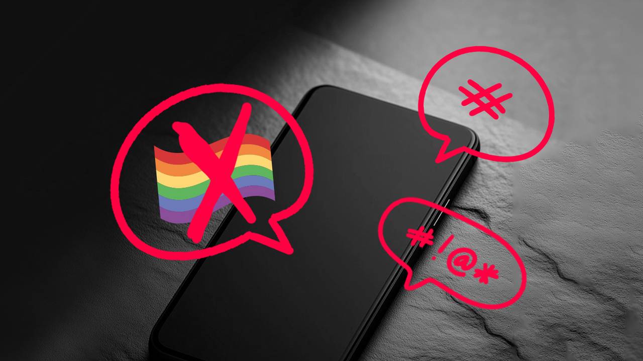 The image shows a phone with superimposed graphics illustrating the ban of LGBT+ content