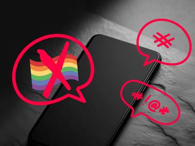 The image shows a phone with superimposed graphics illustrating the ban of LGBT+ content